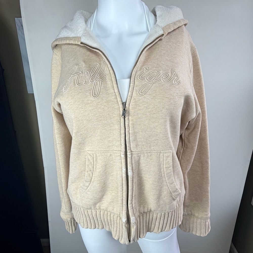 Tommy Hilfiger Embroidered Teddy Lined Zip Hoodie Beige Jacket Sz Med Cozy Y2K